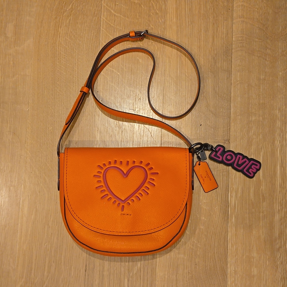 Coach x Keith Haring Orange Love Crossbody and Bag Charm Saddle